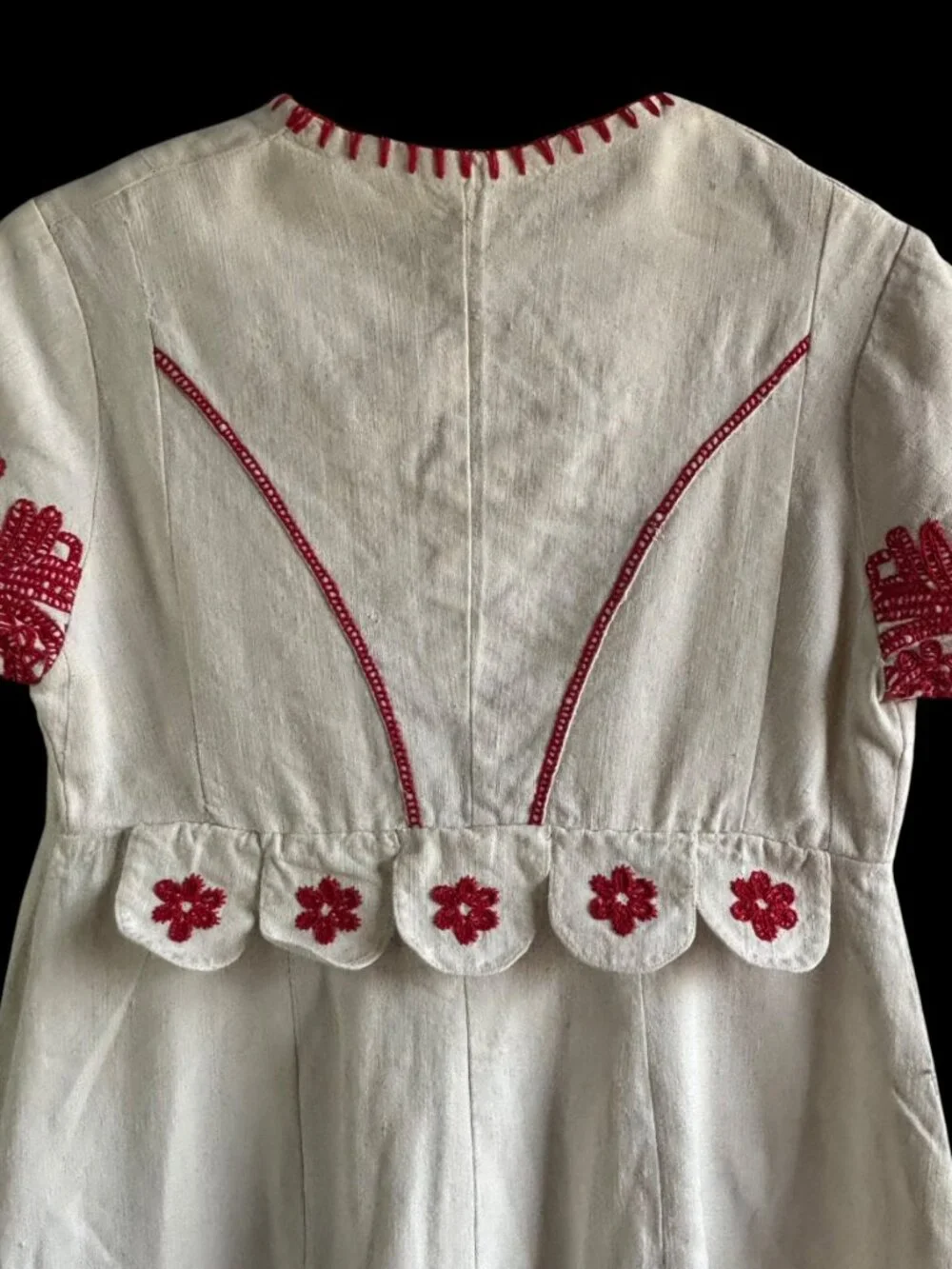 Vintage White Linen Handmade Embroidered Hungarian Folk Style Dress